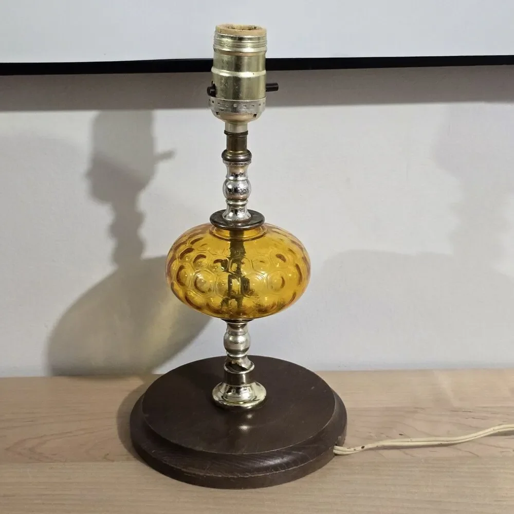 Vintage - Table Lamp - Amber Glass - Wood Base - Silvertone Post